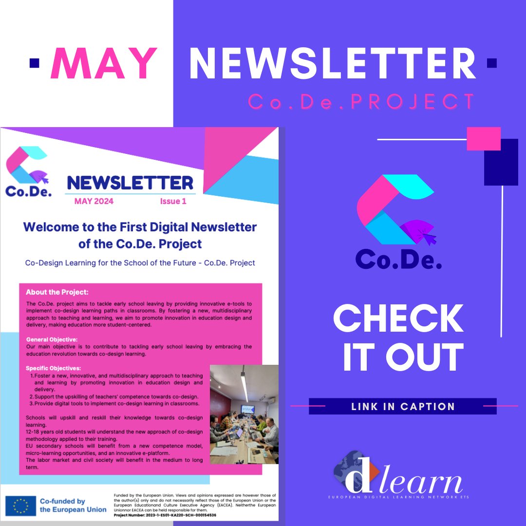dlearneu's tweet image. 🚀 We are thrilled to introduce the first issue of the newsletter of our project Co. De.! 📬
Join us and our partners on this transformative journey to reshape education and empower young students!
🔗 code-eduproject.eu/wp-content/upl…
#Newsletter #EUproject #CoDesignLearning