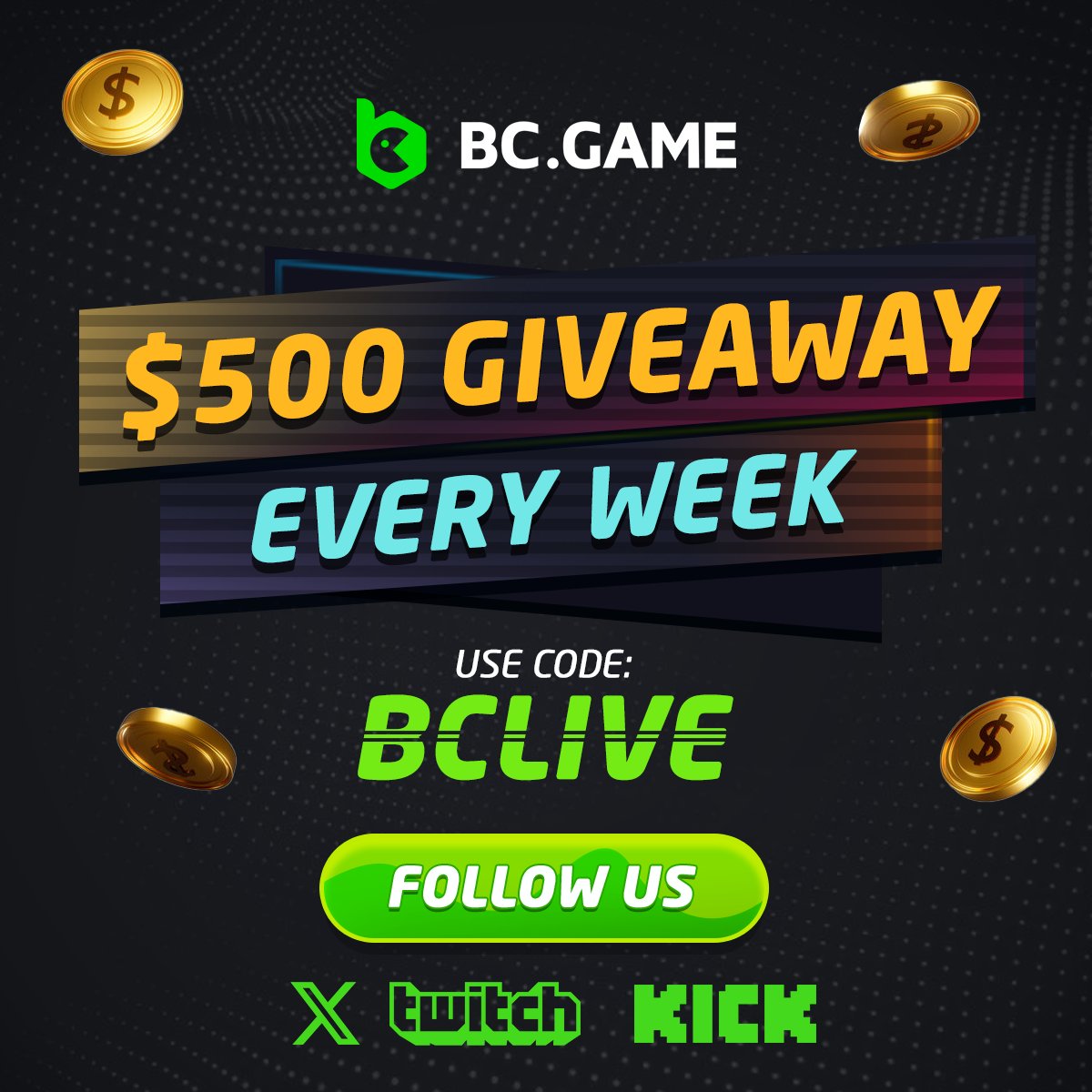 🎉 $500 Welcome Bonus Giveaway! 🎉

We are giving away 5️⃣0️⃣0️⃣ to 5️⃣0️⃣ lucky winners! Each winner will get $10 bonus ✨

Rules are simple:

1. Follow <a href="/bcgamelive/">BCGame Live</a> on Twitch/Kick
2. Register with code “bclive”
3. Retweet this post 

We will randomly choose 5️⃣0️⃣ lucky winners every