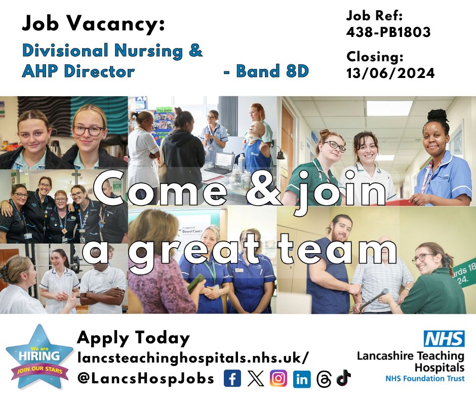 LancsHospJobs's tweet photo. Job Vacancy: Divisional Nursing & #AHP Director @LancsHospitals
⏰Closes: 13/06/2024
Read more and apply: https://t.co/IO37ABQwFW
#NHS #NHSjobs #Lancashire #Preston #Chorley #Cumbria #Nursing #band8d #band8 https://t.co/o0EI1m0rJi