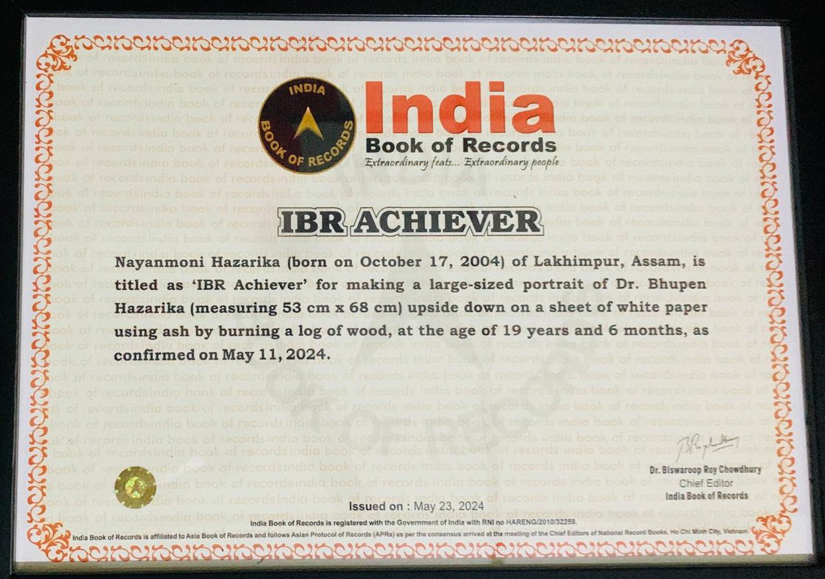 ranojpeguassam's tweet photo. Heartiest congratulations to Shri Nayanmoni Hazarika, a BA 2nd Semester student of Biswanath College for getting inducted into the "Indian Book of Records" for making a portrait of Dr. Bhupen Hazarika upside down on white paper using ash by burning a log of wood.

My best wishes for future endeavours.