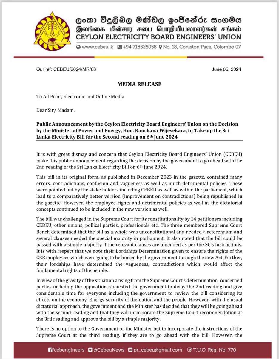Ceylon Electricity Board Engineers’ Union NEWS tweet media
