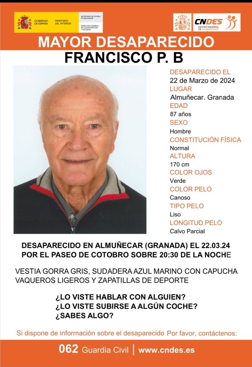 Sigue desaparecido, si alguien vio algo llame a la guardia civil🆘 DESAPARECIDO 📷 Persona vulnerable #desaparecido #sosdesaparecidos #Missing #España #Almuñécar #Granada
<a href="/sosdesaparecido/">ALERTA DESAPARECIDOS</a>

<a href="/Angelestrrs_/">Angeles</a>

<a href="/persanfra/">Francisco Perez</a>

<a href="/Angelaperezt_/">:(:</a>

<a href="/presidenteagcs/">Guardias Civiles Solidarios AGCS🎖</a>

<a href="/yolanda_casares/">Yolanda Casares Alcalá</a>