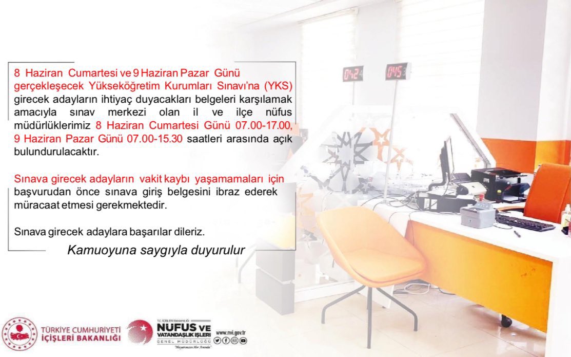 ✍️ Cumartesi ve Pazar günü gerçekleştirilecek Yükseköğretim Kurumları Sınavı (YKS) için nüfus müdürlüklerimiz açık olacaktır.

‼️İşlemler randevusuz olarak gerçekleştirilecektir. 

Sınava girecek adaylara başarılar dileriz. 

<a href="/mukerrem_unluer/">Mükerrem Ünlüer</a> 
<a href="/TCkahramanmaras/">Kahramanmaraş Valiliği</a> 
<a href="/sevgulzengin_/">Sevgül Zengin</a>