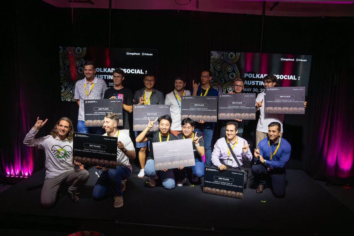 AngelHack's tweet photo. 🔈Presenting, our winners for @Polkadot Hackathon Global Series: NA Edition 2024! 👏🏼 Congrats to all teams & a big thank you to everyone who joined us for #PolkadotHackathonNA - we couldn't have done it without you. ✨

🏆 Shoutout to our winners:
XCM Track
1st: PocketBoard
2nd: Cretizer
3rd: ParachainSwap Team

Web3 & Tooling Track
1st: Team Star - @truenetworkio 
2nd: ReLeaf
3rd: Cyborg Network - @Cyborg_network_ 

Smart Contracts Track
1st: DAOnation
2nd: Foresta - @criptopoeta 
3rd: NotABird