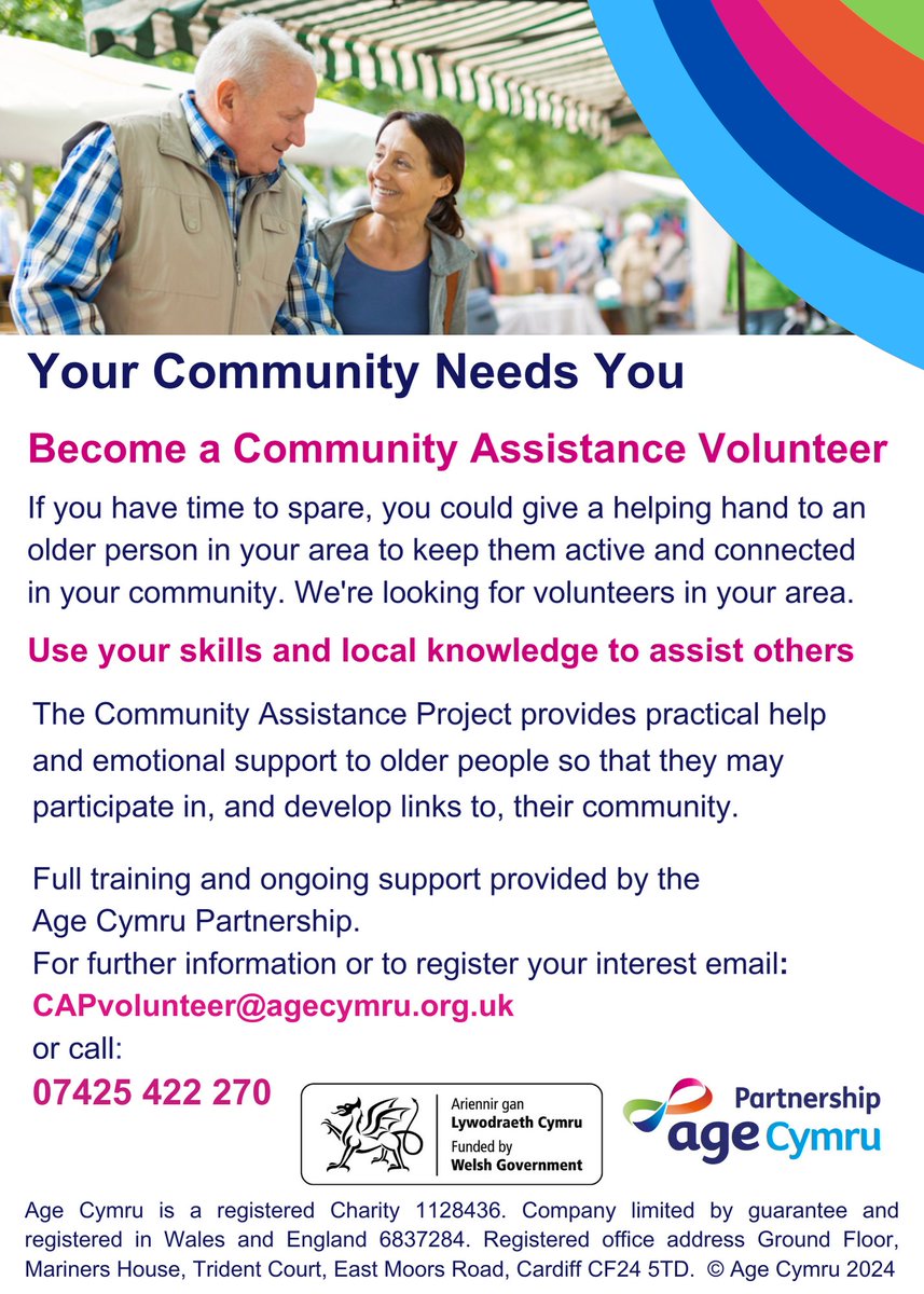 Pembrokeshire's tweet image. Become a Community Assistance Volunteer
A new volunteer led community assistance service called Assist and Connect. The service provides practical help and emotional support to older people so that they can participate in and develop links with, their local community.
@AgeCymru
