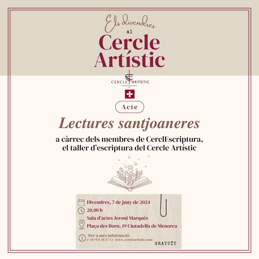 👉 En el preludi de les festes més esperades de l'any, les de Sant Joan, demà, divendres, 7 de juny, tindrà lloc l'acte 'Lectures santjoaneres', a càrrec dels membres de CerclEscriptura🗣📚🇨🇭🐴

📆 7/06
🕕 20 h
📍 Sala Jeroni Marquès del Cercle Artístic