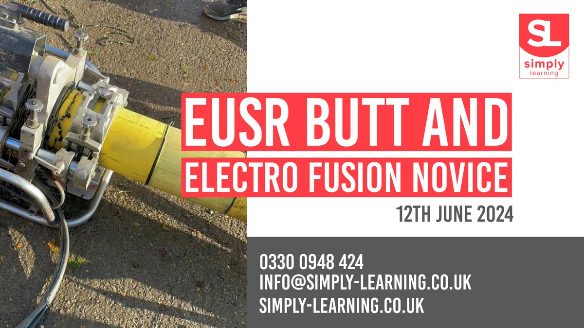 _SimplyLearning's tweet image. 🚧 EUSR Butt and Electro Fusion Novice

📆 27/06/2024
This course provides candidates with knowledge and skills required to join polyethylene pipe safely using butt and electro fusion techniques.
Want to book online? find out here 👉 rb.gy/907rtb

#buttandelectro #EUSR