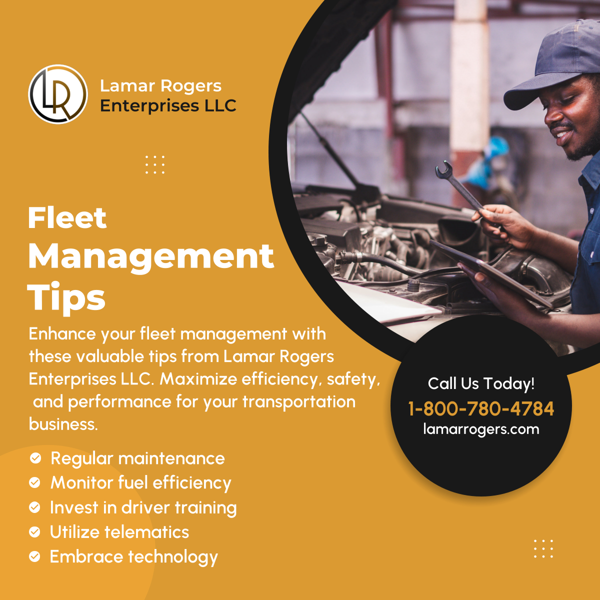 lamarrogersent's tweet photo. Optimize your fleet management with Lamar Rogers Enterprises LLC's valuable tips. Let's drive your business towards success! 

#PittsburghPA #Investor #FleetManagement https://t.co/Av4cONwofm