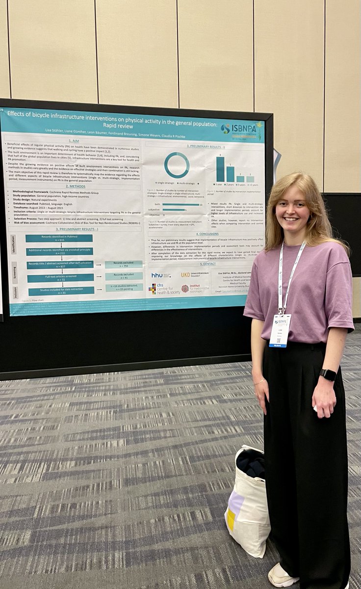 Congratulations to PhD student Lisa Stähler! At the #ISBNPA2024 conference in Omaha, NE, USA, she successfully presented a poster with exciting preliminary results of her review on 'Effects of bicycle infrastructure interventions on physical activity in the general population'.