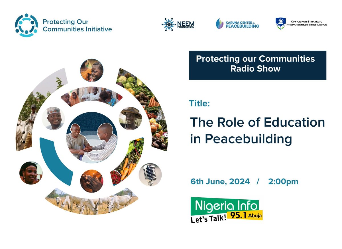 Join us for the third episode of the Protecting our Communities Radio Show by 2 PM today. Tune into Nigeria Info FM 95.1 Abuja.

<a href="/ospre_ng/">Office for Strategic Preparedness and Resilience</a> @KarunaCenter