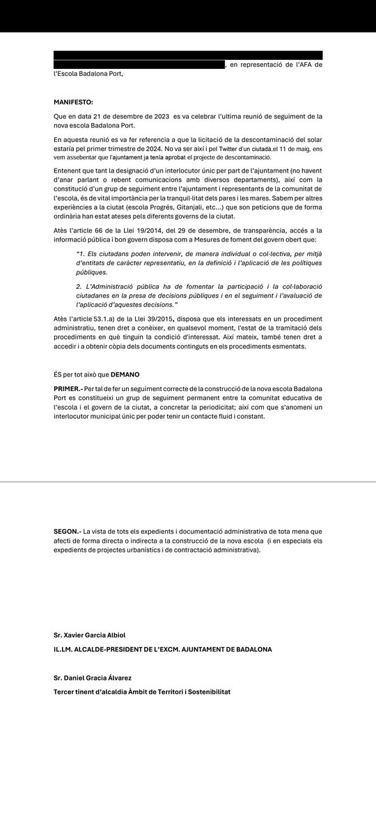 Carta oberta a <a href="/Albiol_XG/">Xavier García Albiol</a> y <a href="/daniel_gracia/">Daniel Gracia</a> amb demandes per fer un seguiment de les obres de la nova escola. Desde el desembre sense cap informació oficial per part de l'ajuntament. <a href="/IndependentBDN/">L'Independent de Badalona</a> <a href="/bdncom/">Badalona Comunicació</a> <a href="/Totbadalona/">TOT Badalona</a> <a href="/AidaLlaurado/">Aïda Llauradó 🇵🇸</a> <a href="/fercarreralopez/">Fernando Carrera</a> <a href="/alex_montornes/">Alex Montornès</a> <a href="/mariadolorsa/">Dolors Sabater Puig</a>