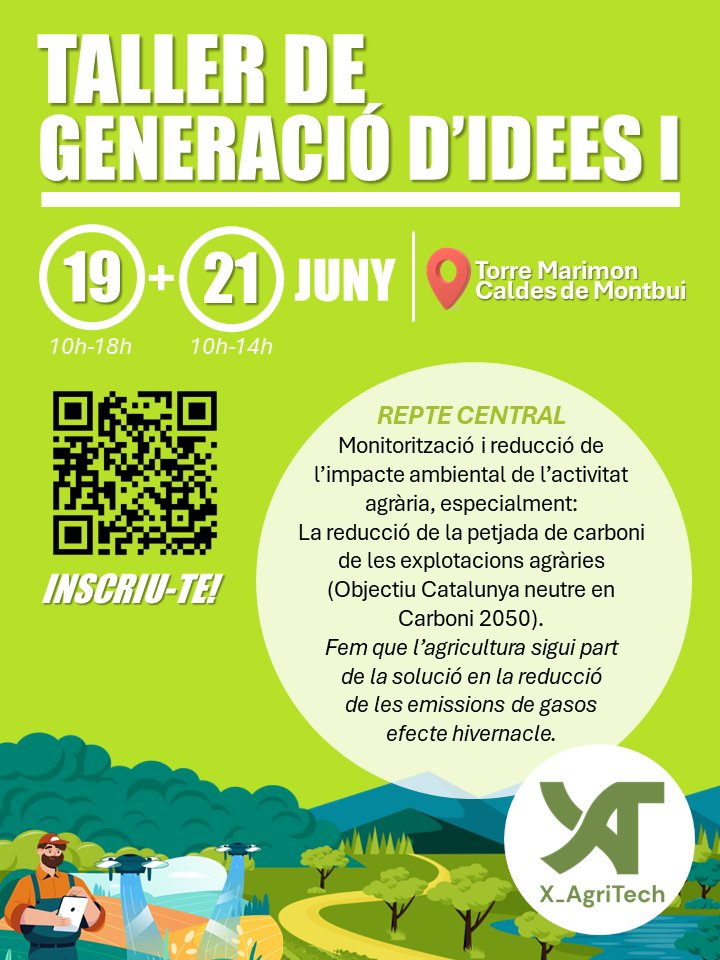 X_Agritech's tweet photo. 🌍 T’interessaria contribuir per fer que l’agricultura sigui part de la solució en la reducció de les emissions de gasos efecte hivernacle?

🔜 Us convidem al Taller de Generació d’Idees organitzat des de la @X_Agritech i el #PRUAB els dies 19 i 21 de juny a #IRTA Torre Marimon. https://t.co/9iMmexh5yl
