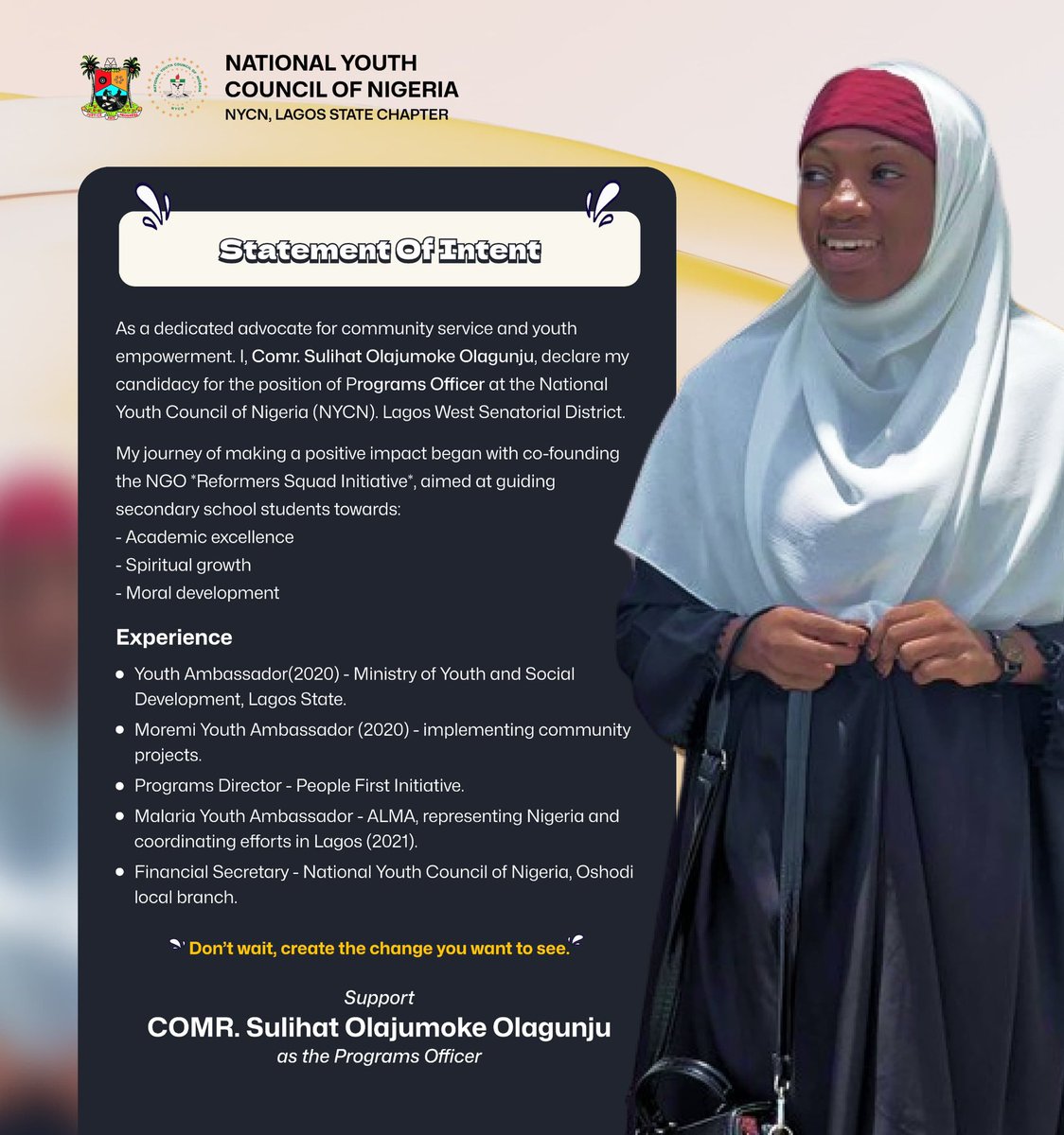 SulihatOlagunju's tweet photo. Big news, folks! I'm officially in the running for Programs Officer at NYCN, Lagos State! Let's roll up our sleeves and make waves of change together. 🌊✨

#YouthEmpowerment #NYCN #CommunityChampions https://t.co/RiFm10RYdy