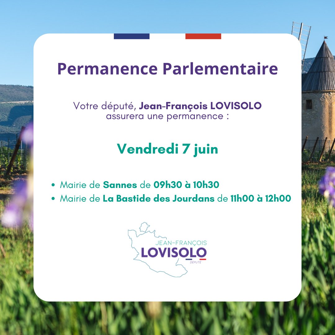 [PERMANENCE PARLEMENTAIRE]

Je vous donne rendez-vous ce vendredi 07 juin dans les mairies de #Sannes et #LaBastidedesJourdans où j’aurai le plaisir d’échanger avec sur des sujets qui vous concernent.

Je reste à votre écoute !

#Vaucluse
