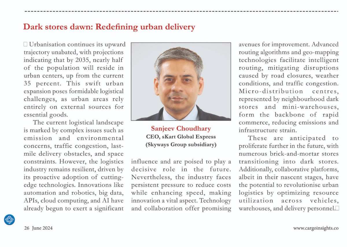 skartexpress's tweet photo. We are delighted to share that Our CEO, Mr. Sanjeev Choudhary, is featured in the June edition of Cargo Insights. 

The full magazine can be accessed here  https://t.co/XryEiBuVbc

#CargoInsights #Logistics #LastMileDeliveries #UrbanLogistics #LogisticsInsights #sKart https://t.co/DC8YxSxZVR