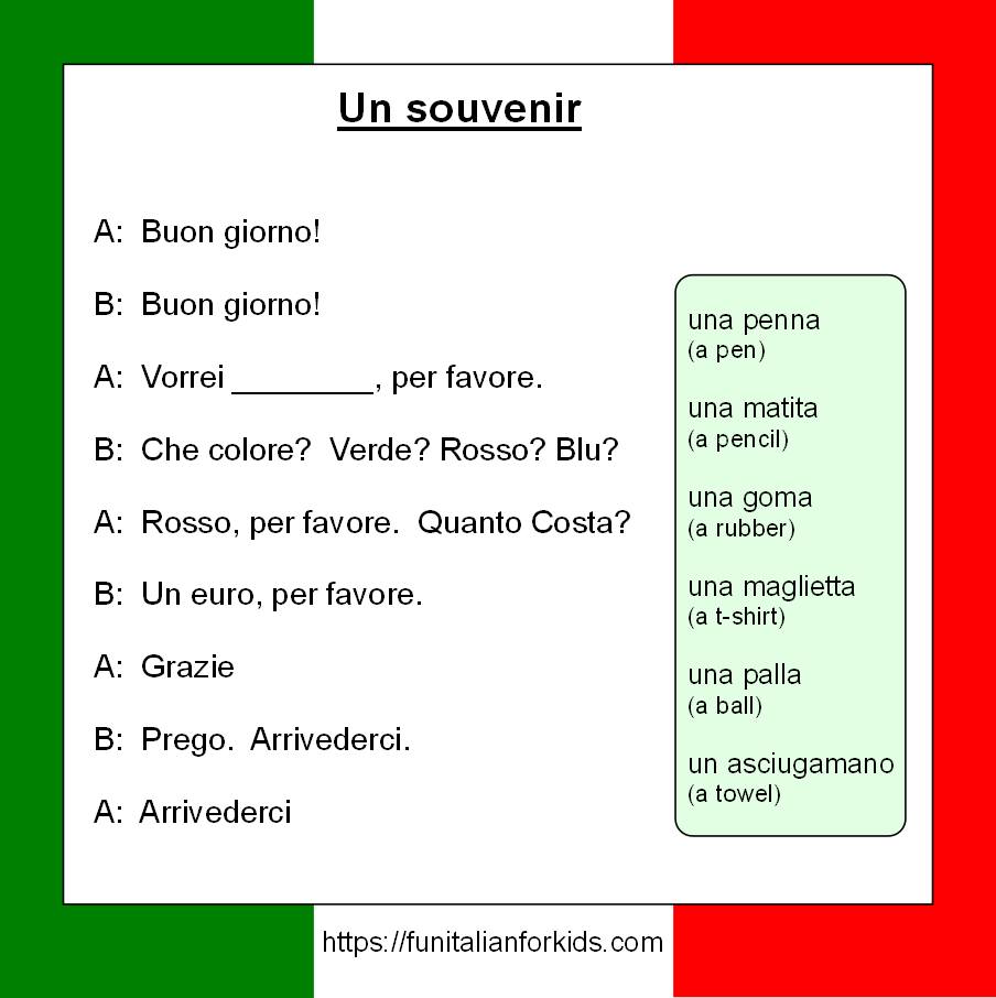 FunItalian_kids's tweet photo. Leading up to the summer holidays I think it's nice to have various lessons with a holiday theme.  So here's a useful dialogue to practise how to buy a souvenir in Italian!  #learnItalian #ItalianForKids #teachItalian #ItalianClass  #EasyItalian  #ItalianTeacher https://t.co/nutVSXFVGB