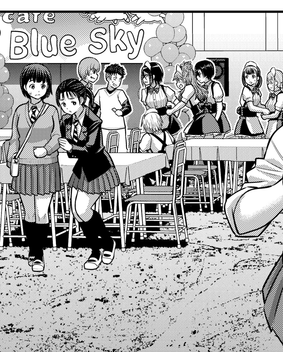 今週の小さいからこそ見て頂きたいひとコマ。
お客さんで賑わう文化祭の中庭、のジャグリング女子。茂手高生多芸すぎる!🤹
お店のトラブルに怪訝そう&立ち去る女子たち。そりゃ怖いよね…小さいどころか雑誌では見切れてしまいました😢
