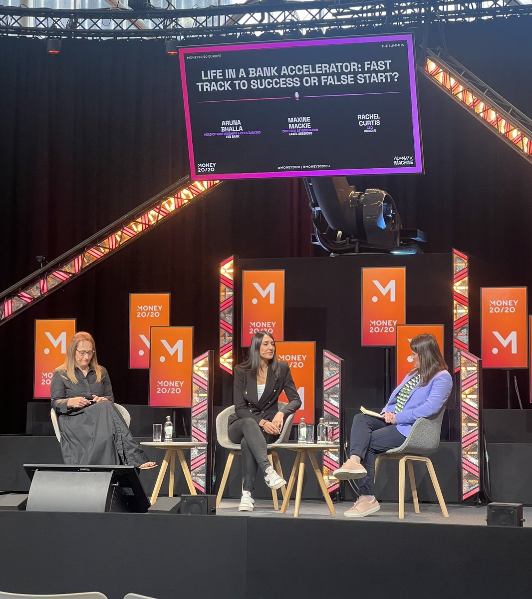 Maxine Mackie on stage now <a href="/money2020/">Money20/20</a> with Aruna Bhalla from <a href="/TSB/">TSB</a> and Rachel Curtis from <a href="/InicioAI/">Inicio.AI</a>

What’s working in bank accelerators and innovation?

And what’s not?

#money2020