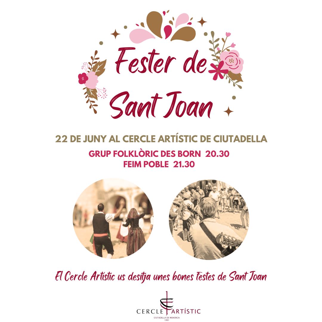 👉 Aquest dissabte, 22 de juny, i com cada any, el Cercle Artístic organitza el fester davant del local social. En aquest, es podrà gaudir de l'actuació del Grup Folklòric des Born, i de Feim Poble 🇨🇭🐴🎭.

📆 22/06
🕕 20:30 h i 21:30 h
📍 Davant el local social de l'entitat