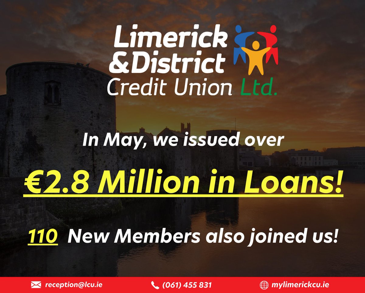 mylimerickcu's tweet photo. Here are our Lending and Membership Figures for May 2024! 😊

If you're looking for a loan, Fiona Cox &amp; Clodagh Hughes can help guide you through the lending process!🤝

Contact Fiona on 087-2999480 ☎️
Contact Clodagh on 083 8854953 ☎️

#supportlocal #limerick https://t.co/ZRutv4eXxQ
