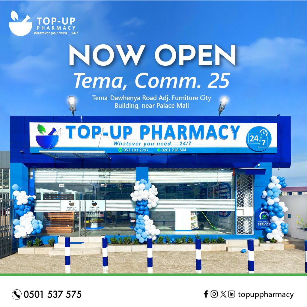 topuppharmacy's tweet image. One more branch near you! 🥳

Top-Up Pharmacy Tema Community 25 is now officially open. Dedicated to providing exceptional pharmaceutical care 24/7.

#TopUpPharmacy #NewBranch #TopUpTema25