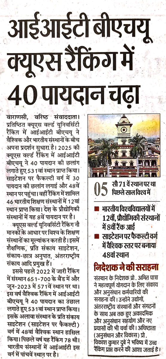 IITBHU_Varanasi's tweet photo. IIT(BHU), Varanasi achieved a noteworthy milestone by securing the 531st position in the QS World University Ranking 2025.  The Institute ranked 12th among India Institutions.  
Professor Amit Patra, the Director, extended congratulations to all stakeholders. https://t.co/FvrpUoOXBj