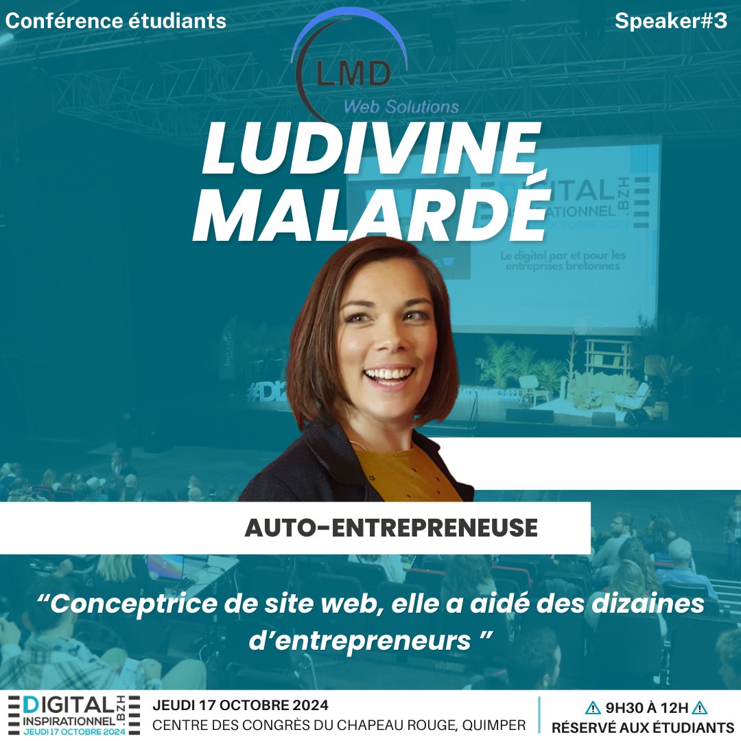 📚 Annonce du troisième speaker étudiants pour notre événement : LUDIVINE MALARDÉ (3/10)
Nous sommes ravis d'annoncer notre troisième speaker pour la conférence étudiants de notre prochaine édition du Digital Inspirationnel : Ludivine Malardé, auto-entrepreneuse !