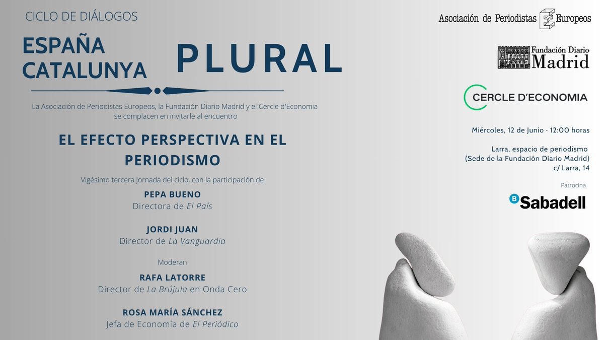 apeuropeos's tweet photo. 🗣️ Pepa Bueno (@PepaBueno) de @elpais_espana  y Jordi Juan (@Jordi__Juan) de @LaVanguardia hablarán sobre 'El efecto perspectiva en el periodismo’ en la XXIII edición del ciclo 'España plural, Catalunya plural'. https://t.co/Cv4JiTEI9h