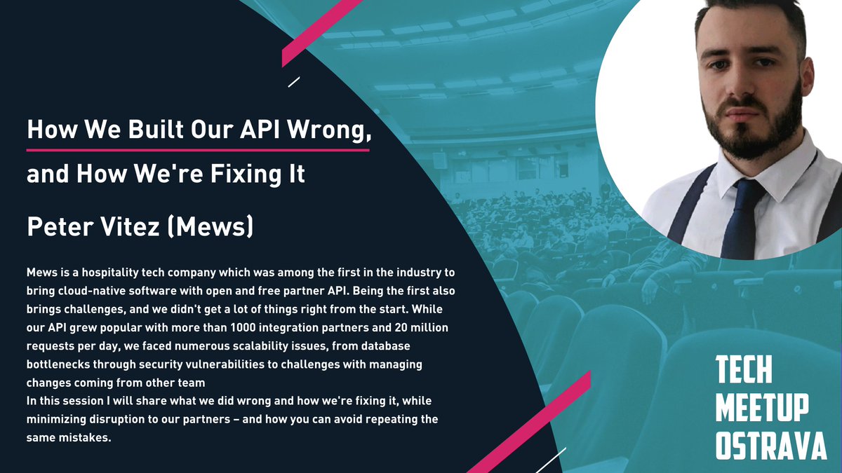 📣 Peter Vitez will share issues and challenges that they faced with their API. And also how they are fixing it with minimal disruption to their partners.
If you are interested in his talk and if you would like to know more about the whole program visit 👉 meetup.com/techmeetupostr…