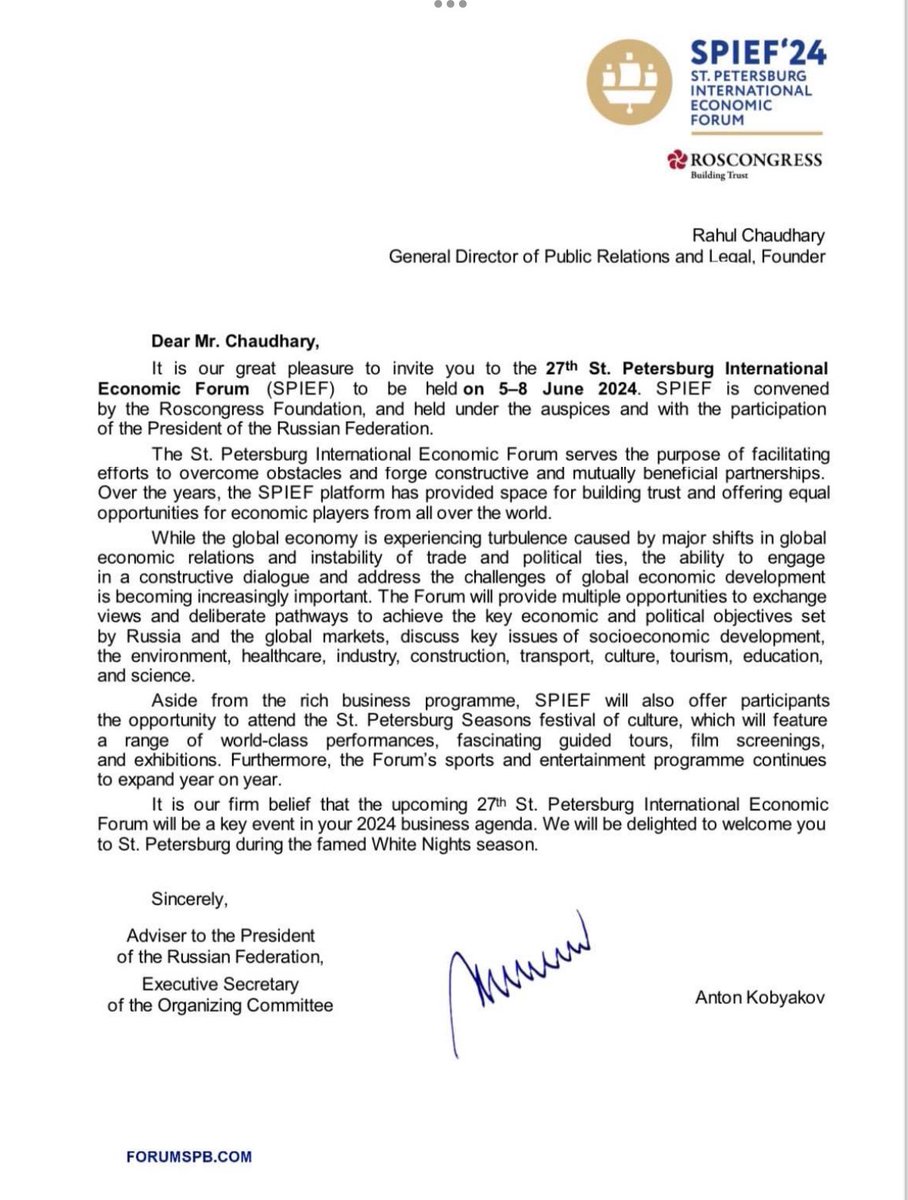 RMLNLUOFFICIAL's tweet photo. Our student Sh. Rahul Chaudhary, General Director of PR &amp; Legal was invited to 27th St. Petersburg International Economic Forum held on 5-8 June. it would see the likes of President Putin. VC Dr. Amar Pal Singh conveyed his best wishes and blessings. https://t.co/RlQbhcWCYG
