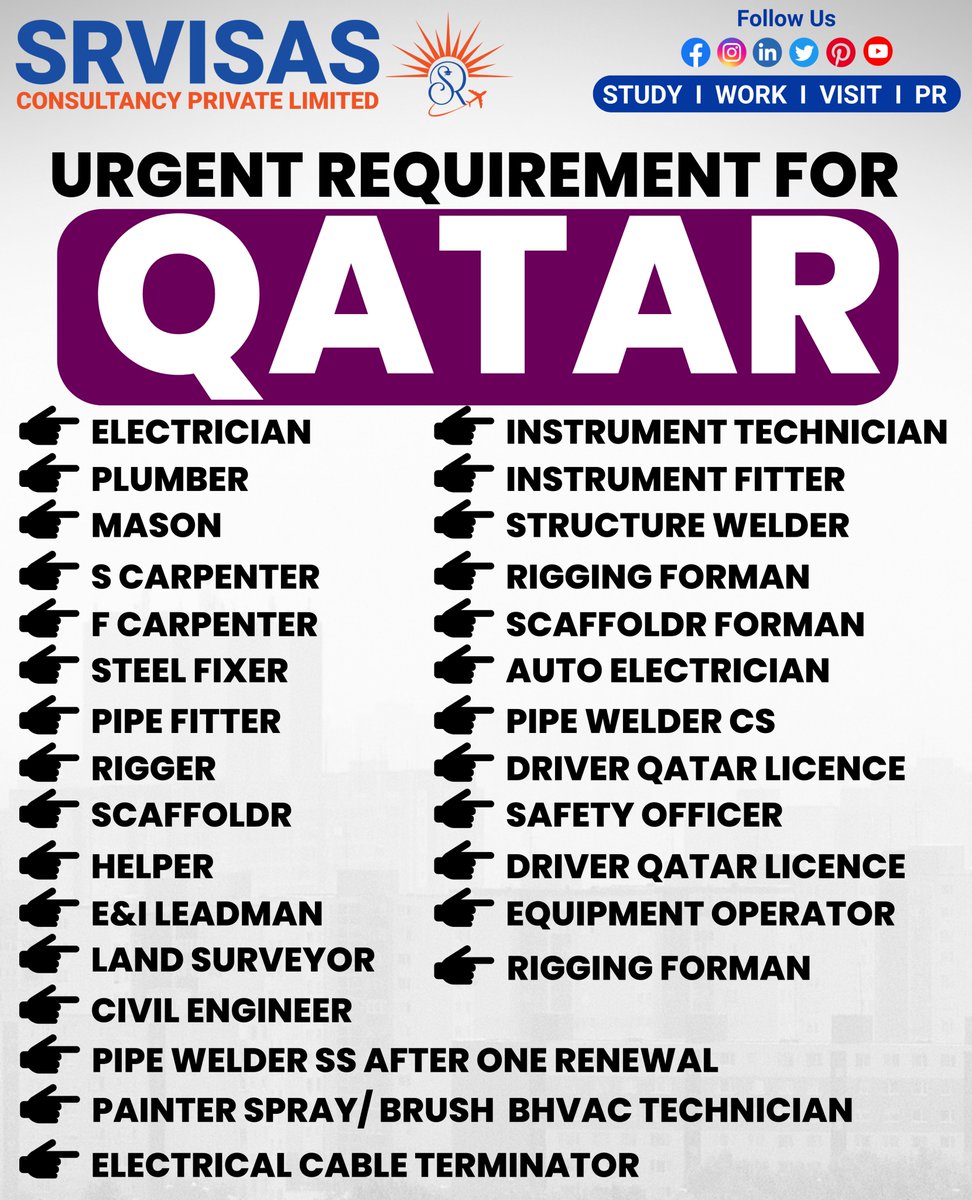 Urgent Requirement for Qatar. For more details call now: +91 9030465222, 040 4390 3023
or
Visit our website: srvisas.com
#jobs #workvisa #visaservices #workpermit #jobsabroad #workvisa #visaassistance #workvisasupport #visaagents #visaservices #visasuccess