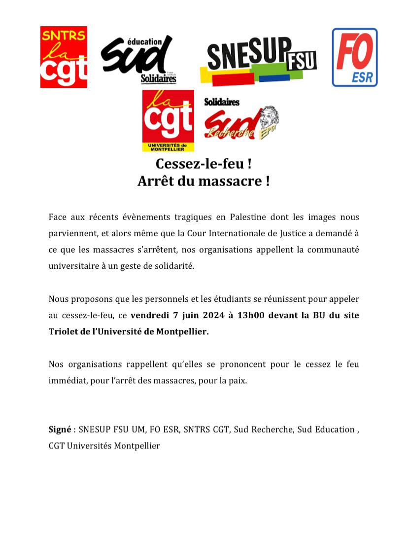 FOESR34's tweet photo. Communiqué intersyndical : Arrêt du #massacre ! Appel aux étudiants et personnels pour se réunir vendredi 7 juin 13h devant la BU Triolet #Montpellier #UM https://t.co/2v3nqMmJo7