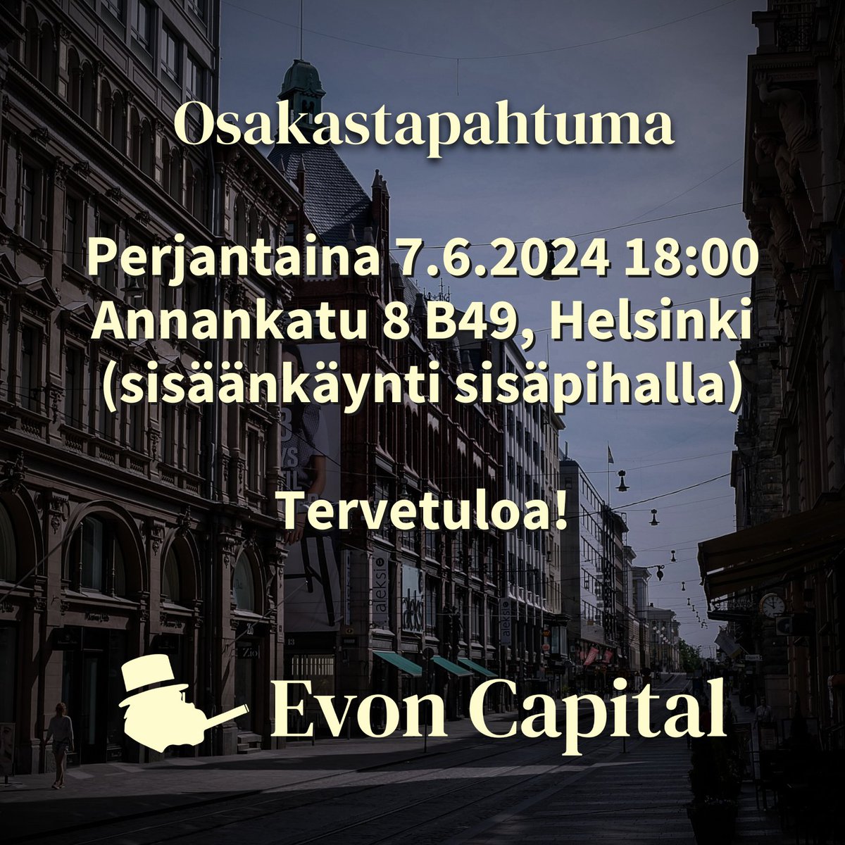 Osakastapahtuma yhtiökokouksen jälkeen perjantaina 7.6.2024!  

🏠 Annankatu 8 b46, Helsinki 
⌚ 18:00 alkaen  

Hyvä mahdollisuus tutustua yhtiöjohtoon, esittää kysymyksiä ja verkostoitua muiden osakkaiden kanssa!