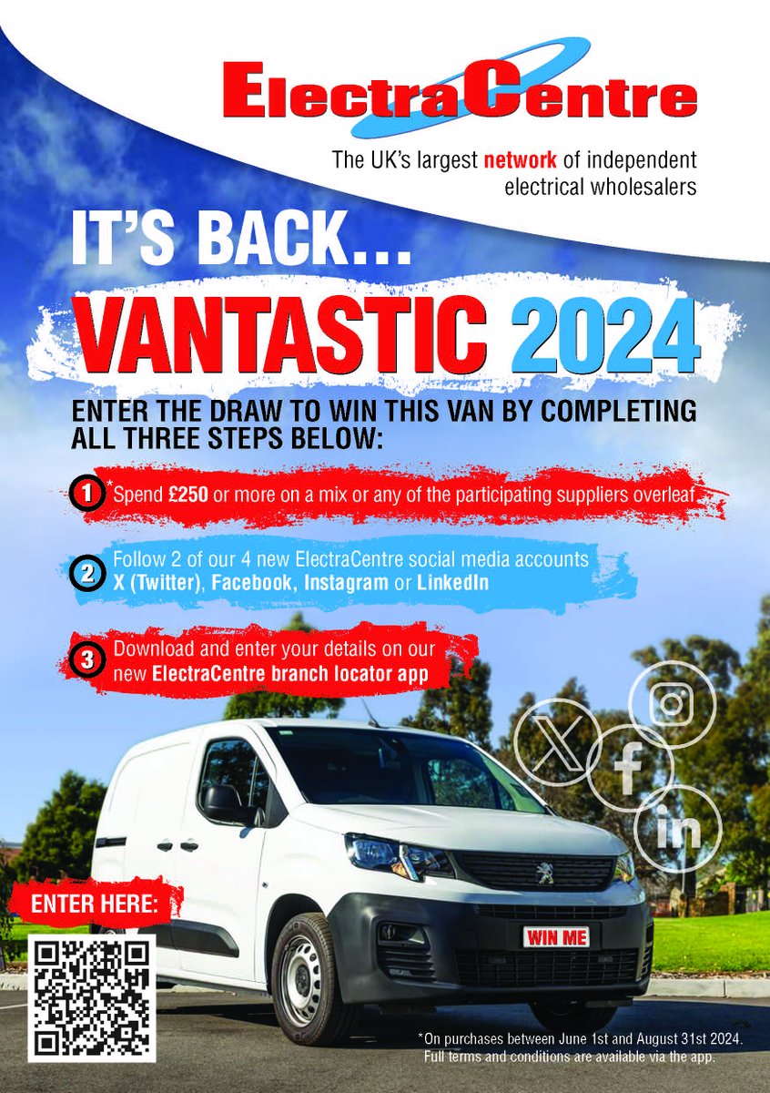 WEDLtd's tweet photo. VANtastic is back for 2024! Follow the steps listed in the picture and scan the QR code to enter to win a brand new signwritten Peugeot Partner Van! From June 1st and August 31st 2024.

 #VANtastic2024 #VanGiveaway #PeugeotPartner
ELECTRACENTRE DISTRIBUTION LIMITED AWEBB https://t.co/smsxEqQHUx