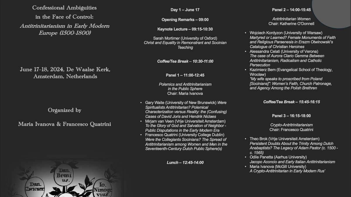_EMoDiR_'s tweet photo. Conference program: Confessional Ambiguities in the Face of Control: Antitrinitarianism in Early Modern Europe (1500-1800). 

Organized by Francesco Quatrini and Maria Ivanova and held 17–18 June 2024, De Waalse Kerk, Amsterdam. 

#earlymodern #twitterstorians https://t.co/zRAqVr8Zkd