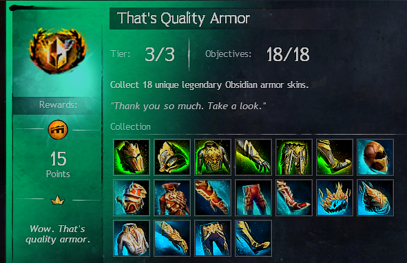 raggirare's tweet photo. 👏👏👏👏👏 IT"S FINALLY DONE. My #GuildWars2 Obsidian collection is done. What a good grind. https://t.co/yjCVwsVgGD