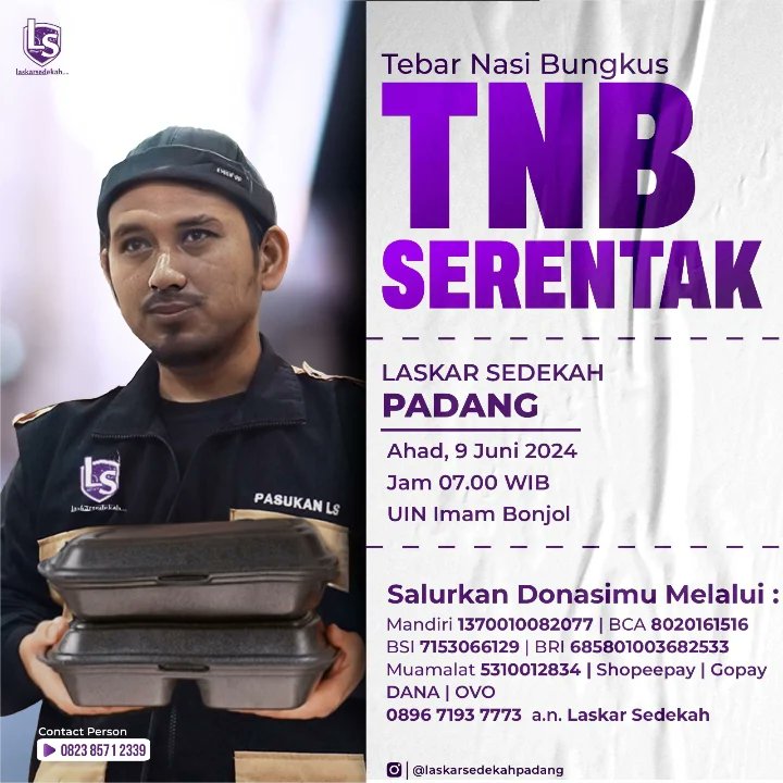 OPEN DONASI TEBAR NASI BUNGKUS
💸 Rekening Donasi
Mandiri 1370010082077
BCA 8020161516
BSI 7153066129
BRI 685801003682533
Muamalat 5310012834
Shopeepay, Gopay, OVO, atau DANA ke nomor 089671937773 a.n. Laskar Sedekah 

#tebarnasibungkusls #tnbls #laskarsedekah #sedekahonline