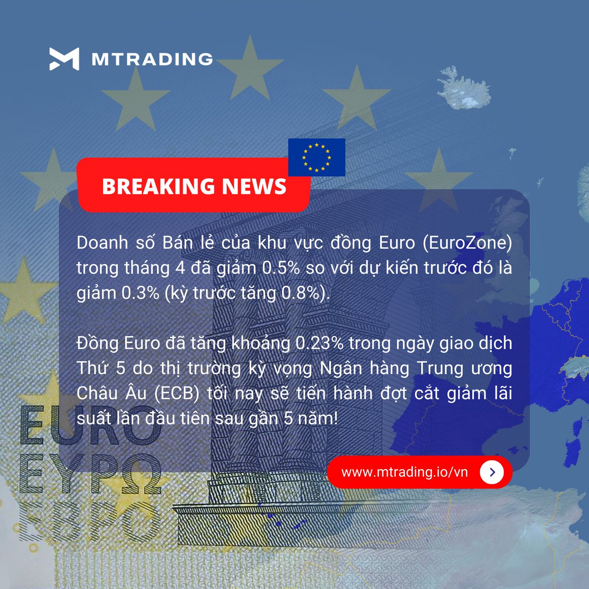 MTradingVietnam's tweet photo. 🔻Doanh số Bán lẻ thực tế của khu vực đồng #Euro (EuroZone) trong tháng 4 đã giảm 0.5% so với dự kiến trước đó là giảm 0.3% (kỳ trước tăng 0.8%).

#eurozone #EURUSD #banle #kinhdoanh #mtrading #forex #ECB https://t.co/vPnN3q526M