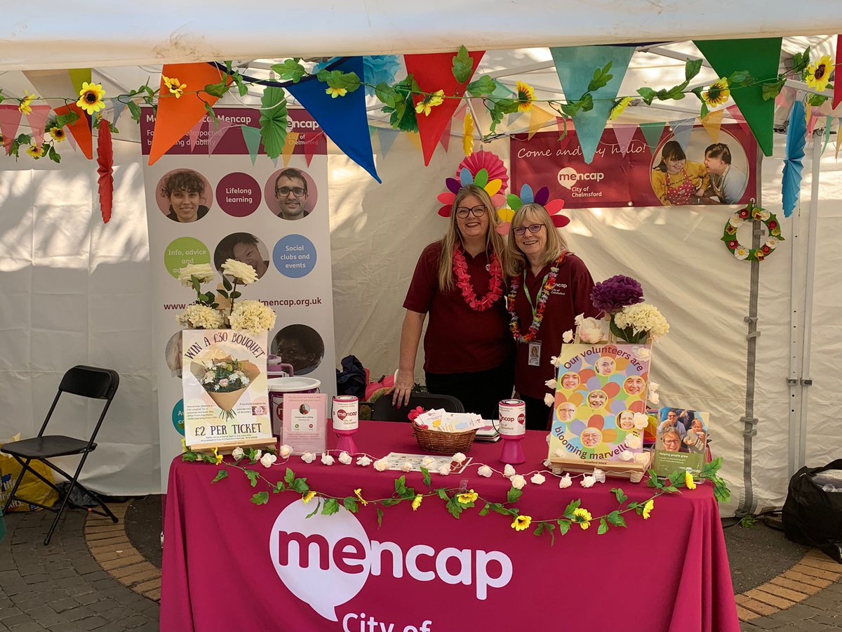 CityMencap's tweet photo. Our stand is set up and we're raring to go at #VOLFEST, the brilliant festival of volunteering organised by @ChelmsfordCVS The sun is shining, our volunteers are blooming (marvellous) and we've lots of treats for visitors! Come and find us in Chelmsford High Street, near H&M! https://t.co/H2eFK55Ql0
