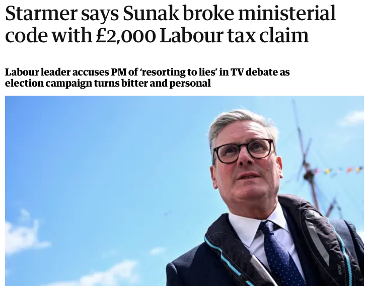 Jonathan_K_Cook's tweet photo. Starmer insists voters must know the 'character' of the candidates for PM.

So, on the one side, there's Sunak, a genocide supporter and a liar.

And on the other, there's Starmer, a genocide supporter and a liar – he's broken every pledge that got him elected Labour leader. https://t.co/PRT0IQinct