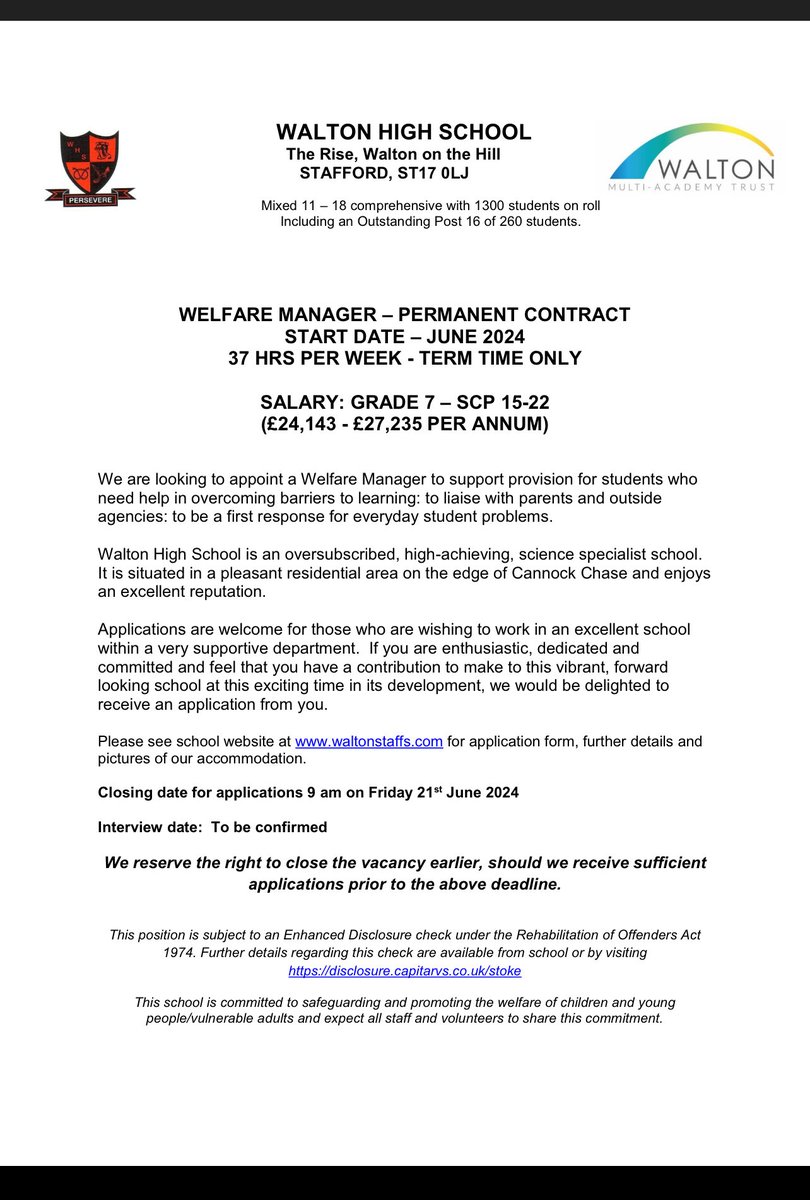 walton_staffs's tweet photo. An amazing opportunity. A role which would give the successful applicant so many opportunities to develop their own experiences as well as those of the children. Please give us a call if you’d like to talk to someone about this. https://t.co/y5dxnmMOII