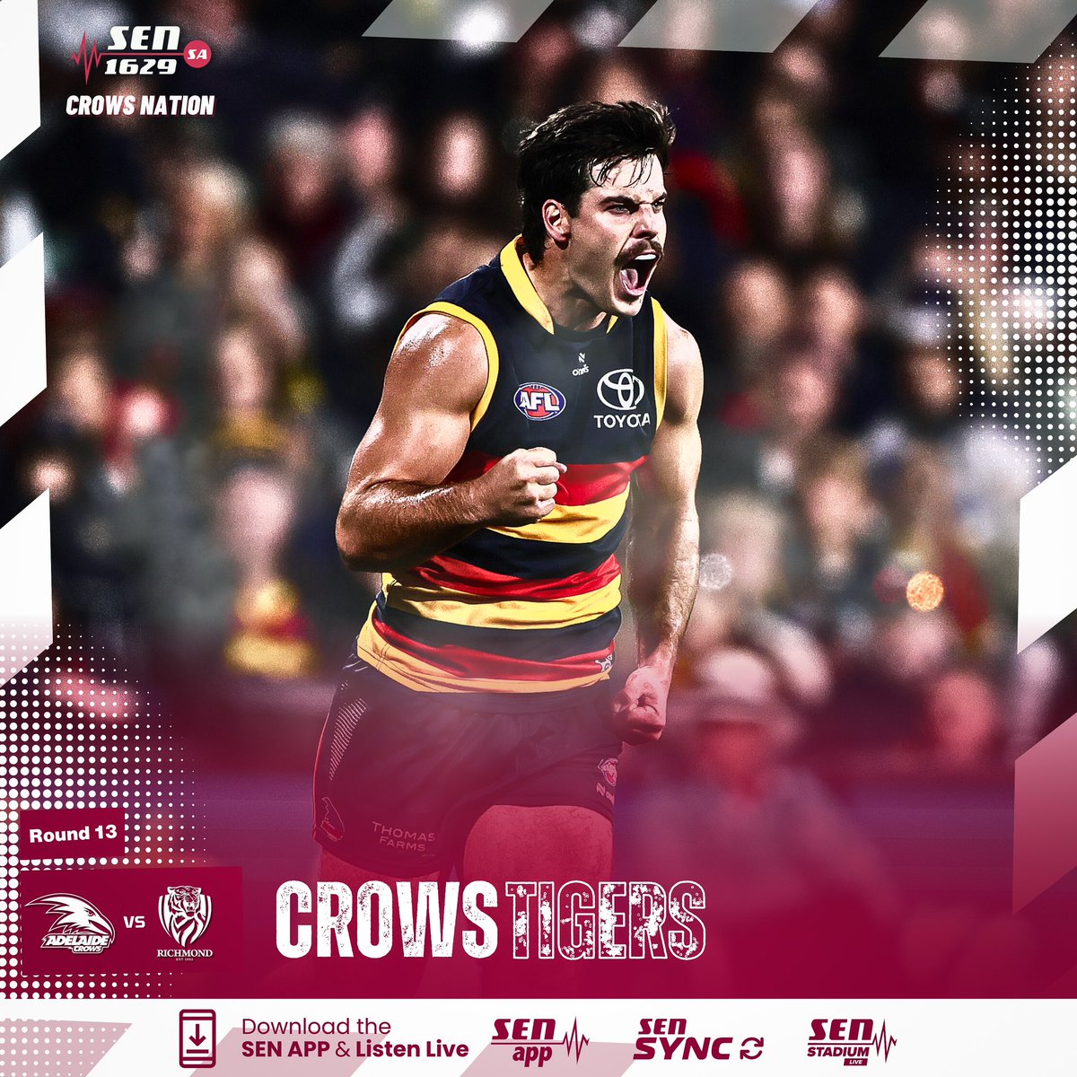 CrowsNationSEN's tweet photo. Listen 𝐋𝐈𝐕𝐄 as the Crows take on the Tigers at @TheAdelaideOval
🎙 Join the call on the 𝗦𝗘𝗡 𝗔𝗽𝗽 or find us on @1629senSA 🍷
📲 https://t.co/2Z13dTxQcU
🎧 https://t.co/5lpoE0dtwx
#AFLCrowsTigers #CrowsNation 🐦⬛ https://t.co/kFPVFeW25q