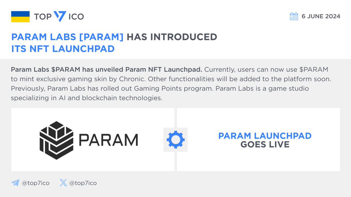 top7ico's tweet photo. Param Labs [PARAM] has introduced its NFT Launchpad

@ParamLaboratory $PARAM has unveiled Param NFT Launchpad. Currently, users can now use $PARAM to mint exclusive gaming skin by Chronic. Other functionalities will be added to the platform soon. Previously, #ParamLabs has rolled out Gaming Points program.

Users are available to claim airdrop tokens here 👉 https://t.co/AHFaLEGIgi

Param Labs is a game studio specializing in AI and blockchain technologies. It raised $7M in a funding round backed by @animocabrands, @Delphi_Digital, @Cypher_Capital, @PolygonVentures, @MechanismCap, @MeritCircle_IO, and others. Current $PARAM price is $0.068. Current FDV is $136M.

🔗 https://t.co/IOzIoCI7VN