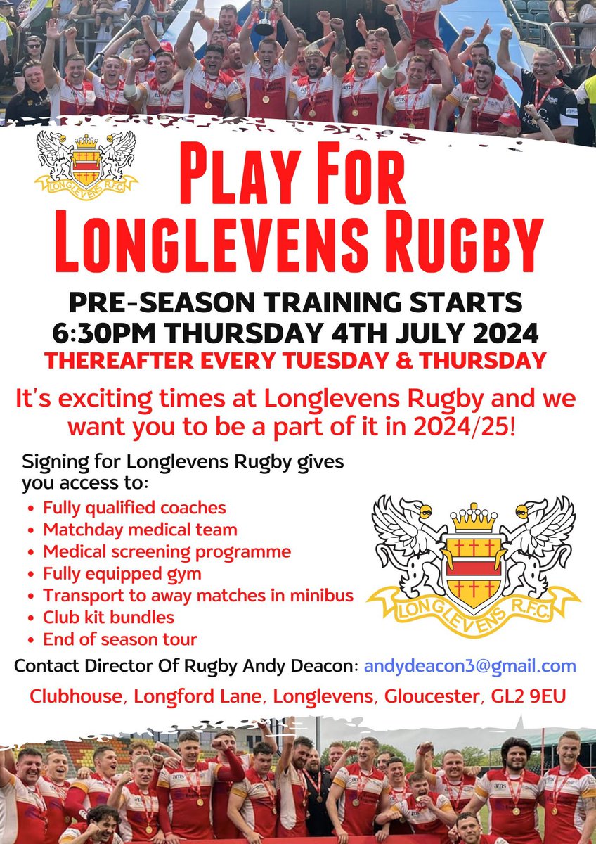 Longlevens Rugby (@longlevensrugby) on Twitter photo ๐ Play for Longlevens Rugby ๐
Pre-season training starts at 6:30pm on Thursday 4th July ๐ then every Tuesday and Thursday.
If you're interested in joining the club please contact @deacs3 Andy Deacon, our DoR: andydeacon3@gmail.com ๐ Play for Longlevens Rugby ๐
Pre-season training starts at 6:30pm on Thursday 4th July ๐ then every Tuesday and Thursday.
If you're interested in joining the club please contact @deacs3 Andy Deacon, our DoR: andydeacon3@gmail.com