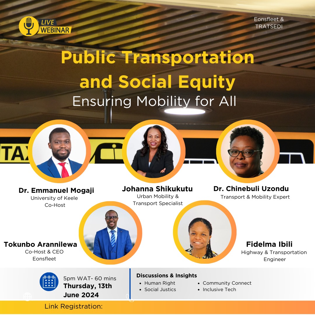 Join us on June 13th, 5pm WAT, for a webinar on "Public Transportation and Social Equity: Ensuring Mobility for All"! 
Register now via lnkd.in/dvdYHqav, and let's shape the future of transportation together! 
#MobilityForAll #SocialEquity #PublicTransportation