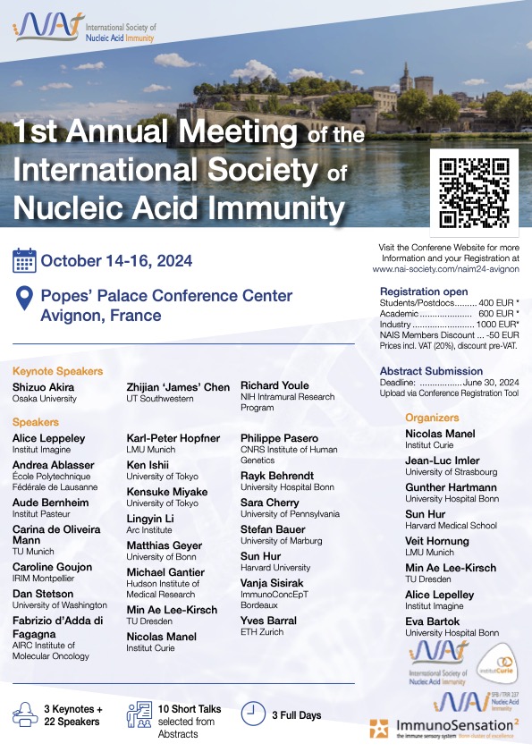 🚨 Nucleic Acid Immunity Society 1st Meeting 🚨
🗓️14 – 16 October 2024 
🇫🇷Avignon, France. 
Amazing line up of speakers. 
Registrations are open now 👇
nai-society.com/nais24-avignon