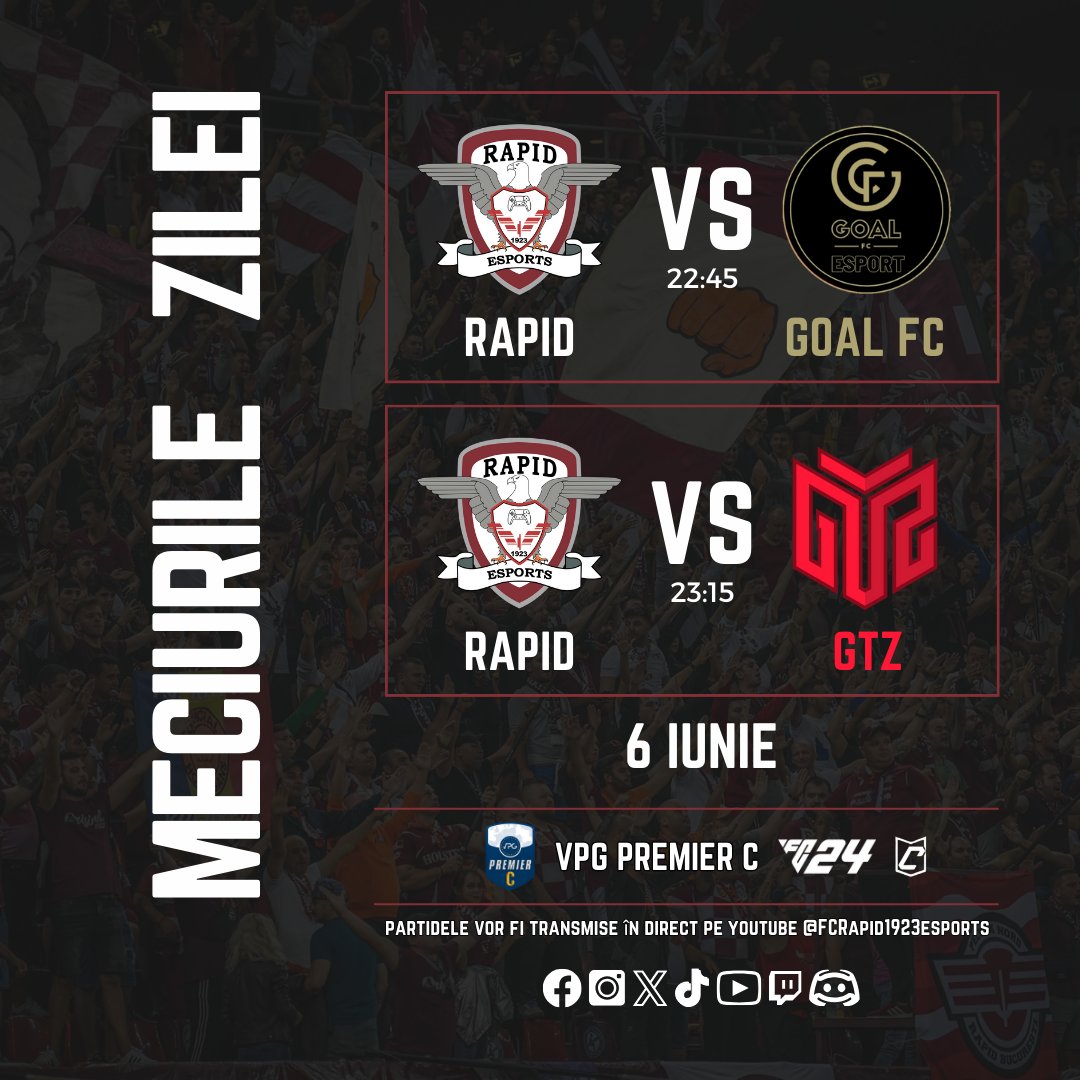 📅Thursday, June 6th, 2024

🏆@vpgbalkan
🆚 NK Trzic 🕑22:25 EEST

🏆<a href="/VPGPremier/">VPG Esports Premier</a>
🆚 <a href="/GOAL_FC_Esport/">Goal FC eSport</a> 🕑22:45 EEST
🆚 <a href="/GTZEsports/">GTZ Esports</a> 🕑23:15 EEST

Watch on YouTube: Rapid eSports TV.