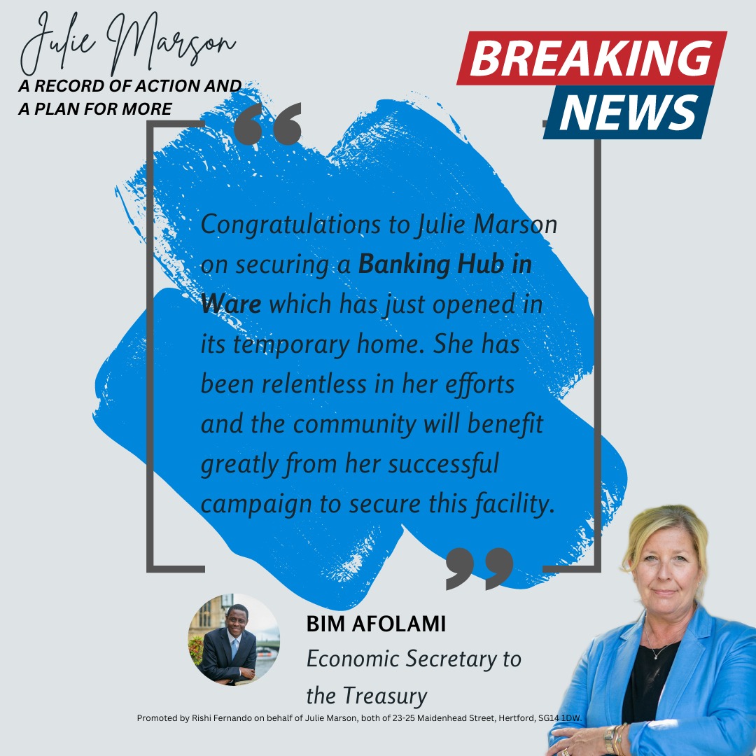 I'm delighted that the Banking Hub I secured for Ware has opened in its temporary location in the Drill Hall, providing vital banking services for locals and businesses, as a result of my direct request to Cash Access UK and Link.