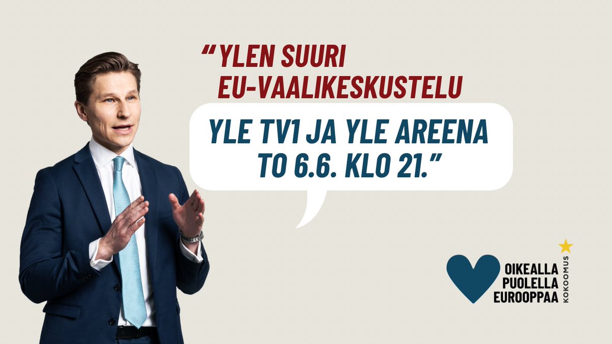 Viimeistä vaalitenttiä viedään! 💙

Varapuheenjohtajamme Antti Häkkänen on mukana Ylen EU-vaalitentissä tänään torstaina klo 21 alkaen. 

➡️ Voit seurata tenttiä Yle TV1-kanavalta tai Yle Areenasta. Osallistu myös somessa tunnuksilla #kokoomus ja #eurovaalit.