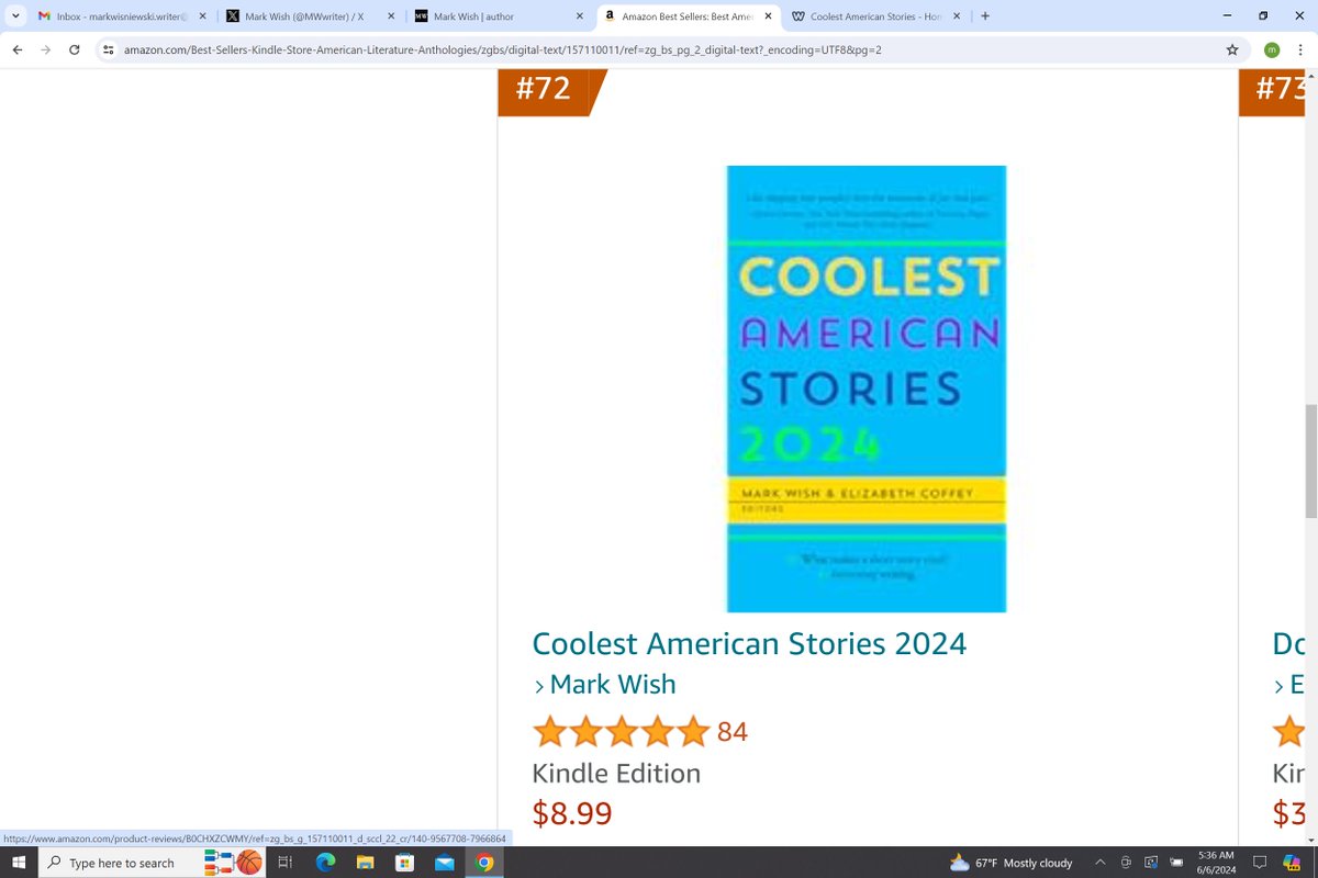 JustCoolStories's tweet image. Our 2024 volume's #kindlebooks version edged up to #72 in American Literature Anthologies overnight.

Why do #readers like these stories?

B/c they're *interesting*!

To order yours: amzn.to/46E852S

#5amwritersclub #booksbooksbooks #bookstoread #5amclub #shortstories